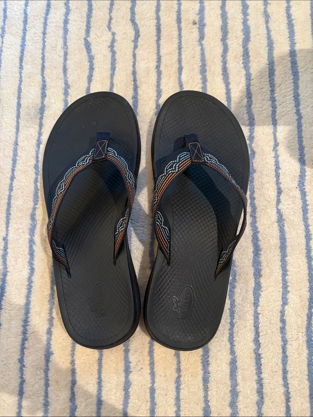 Chaco Navy Blue Flip Flop Sandals with Brown and Light Blue Straps